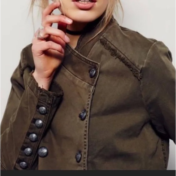 FREE PEOPLE Womens Olive Green Military Ruffle Hem Jacket Size XS - Picture 3 of 13